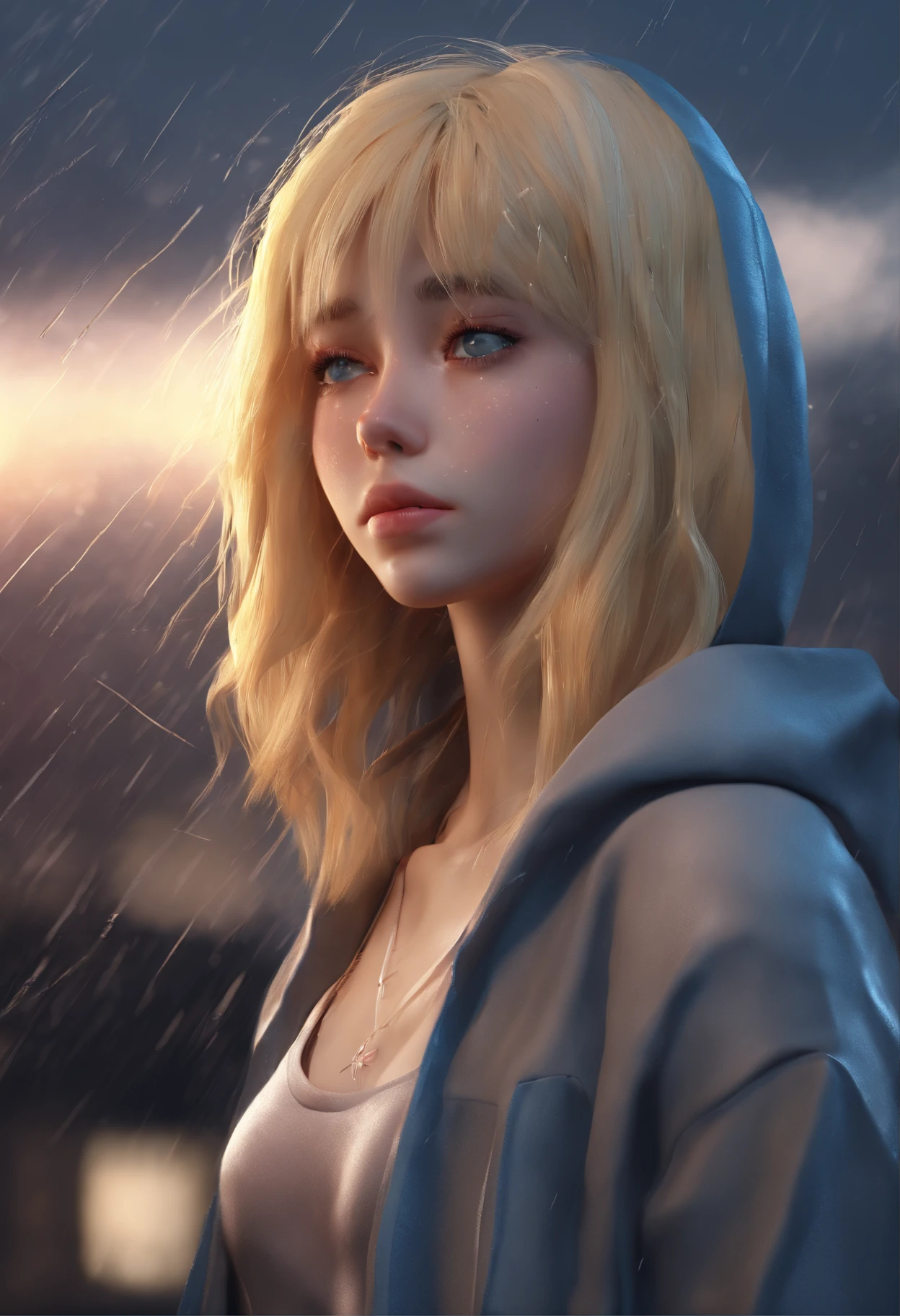 Sad girl,cry,darkness,Rain sky,。.。.。.。.。.。.。.。.。.。.。.。.。.3D,Upscale,hard disk,Blonde short,is crying,with his back turned