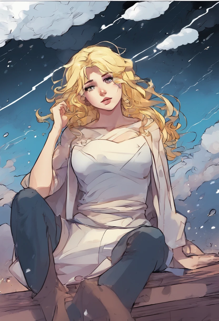 Sad girl,cry,darkness,Rain sky,。.。.。.。.。.。.。.。.。.。.。.。.。.。.3D,Upscale,hard disk,Blonde short,is crying,with his back turned