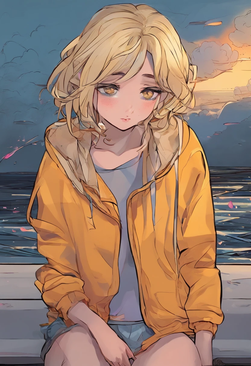 Sad girl,cry,darkness,Rain sky,。.。.。.。.。.。.。.。.。.。.。.。.。.。.3D,Upscale,hard disk,Blonde short,is crying,with his back turned