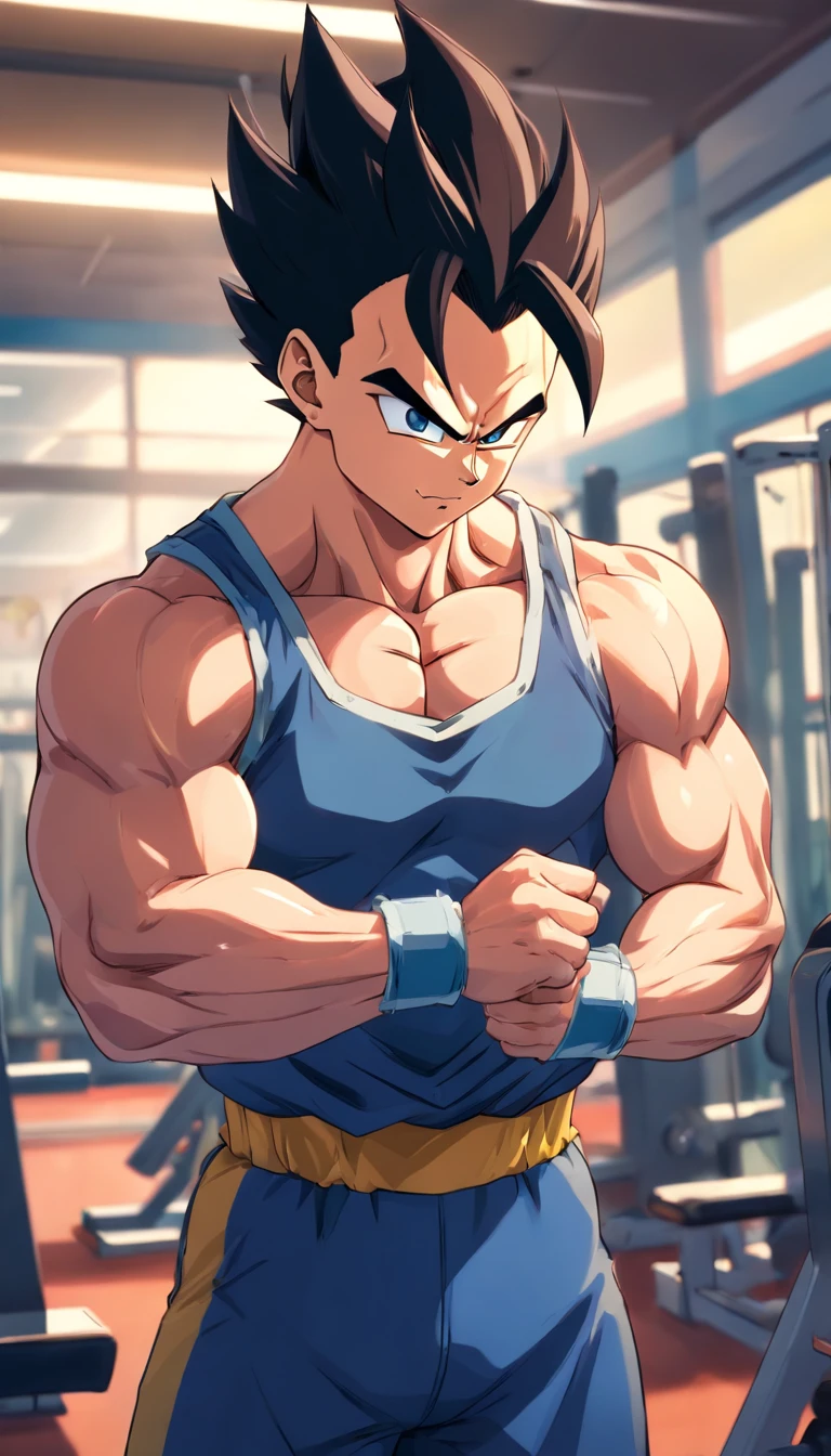 Detailed picture of Vegeta's intense biceps workout in bodybuilding gym.
