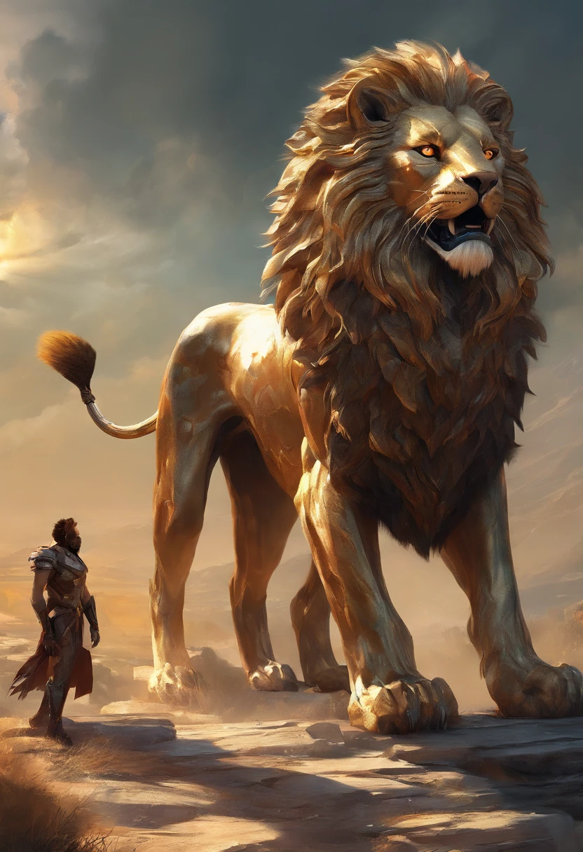 Maximum quality, dramatic lighting, threatening pose, fierce expression, Epic atmosphere, (((Helmet in the shape of a lion's head))), (((Prise de vue du corps entier))),A metal wolf, Cyborg, Style cyberpunk, rouage, ((Intricate details)), Hdr, ((Intricate details, hyperdetailed)), Incandescent lamps, cinematic shot, Vignette, Effet bokeh Beckground, (Canines), (Prise de vue du corps entier).