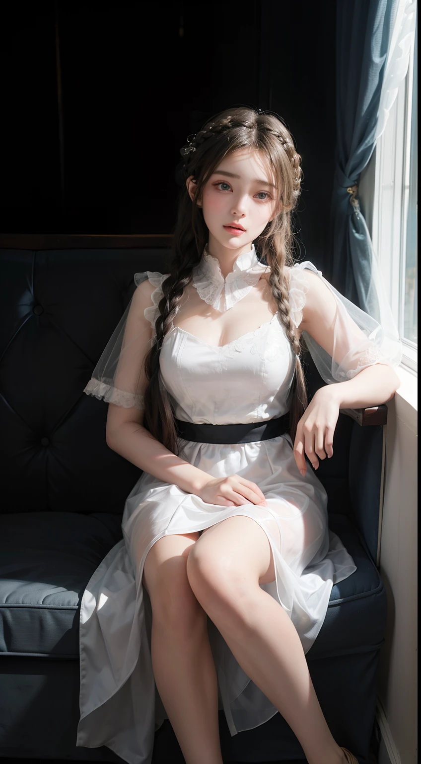 (bestquality、A masterpie:1.2)、Ultra High Res、lifelike、Front lighting、with intricate details、Exquisite details and textures、1girl、solo、(young)、Facial Highlights、fulllllbody、Detailed face、Teardrop mole、White Skin、Silver hair、ponytails、Braid hair、Watch your audience、s big eyes、Silk robes、(Hollow pattern、WHITE、silk)、ear ring、tiny breasts、Slim body、Luxurious room、professional Lighting、Photon mapping、 Radiosity、physically based rendering、(((pull up skirt、White lace panties visible)))、