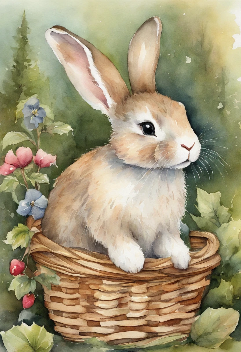 Image of a picture book、Cute Bunny、Various angles、in woods、Has a small、Having an empty basket