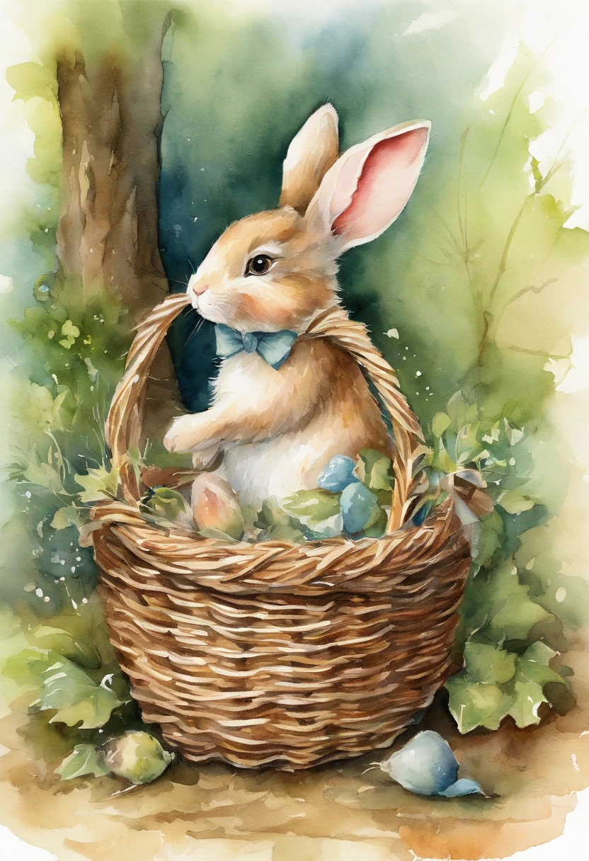 Image of a picture book、Cute Bunny、Various angles、in woods、Has a small、Having an empty basket