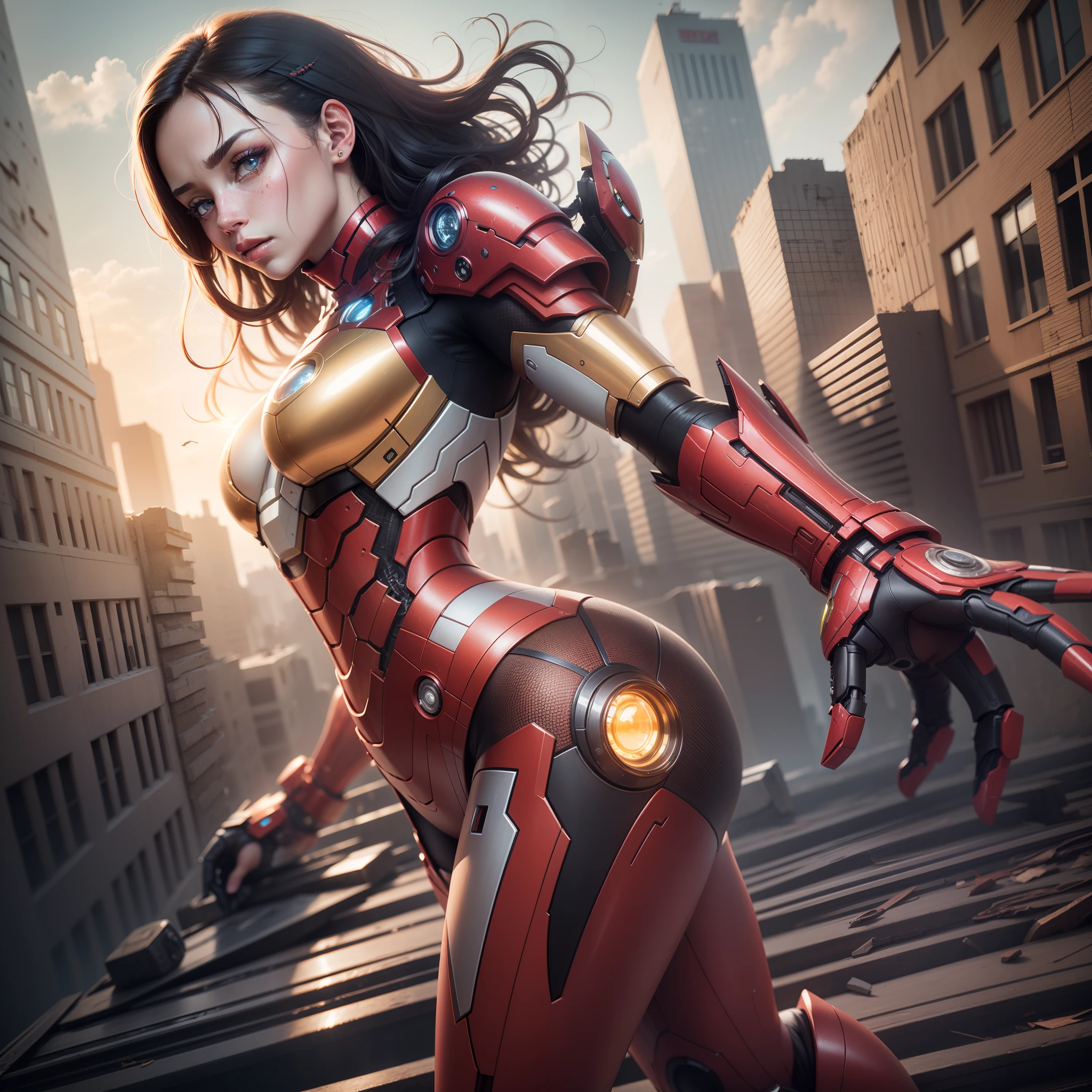 Masterpiece, Super Fine Photo,Best Quality, Ultra High Resolution, Photorealistic Photorealism, Sunlight, Full Body Portrait, Amazing Beauty,Dynamic Pose,Delicate Face,Vibrant Eyes,(from the side), She Wears Futuristic Iron Man Mech, Red and Gold Color Scheme, Very Detailed Abandoned Warehouse Background, Detailed Face, Detailed Complex Busy Background, Messy, Gorgeous, Peach Milky, Highly Detailed Skin, Realistic Skin Details, Visible Pores, Sharp Focus, Volume Fog, 8K UHD, DSLR, high quality, film grain, fair skin, photo realism, lomography, huge metropolis in future dystopia , seen from below, translucent