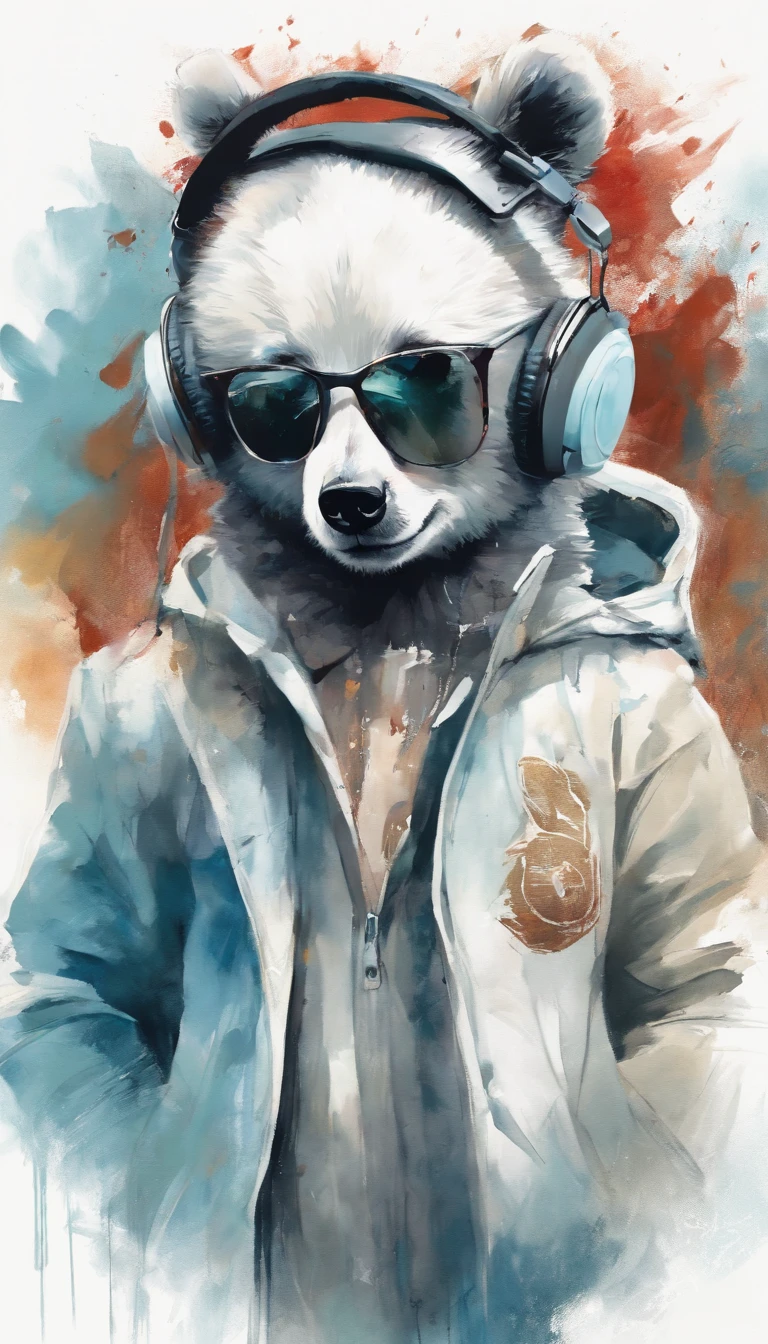 Perfect centering, Cute little bear, Wear a student team jacket, Wearing sunglasses, Wearing headphones, cheerfulness, Standing position, Abstract beauty, Centered, Looking at the camera, Facing the camera, Approaching perfection, Dynamic, Highly detailed, Smooth, Sharp Focus, 8K, hight resolution, Illustration, art by carne griffiths and wadim kashin, White background
