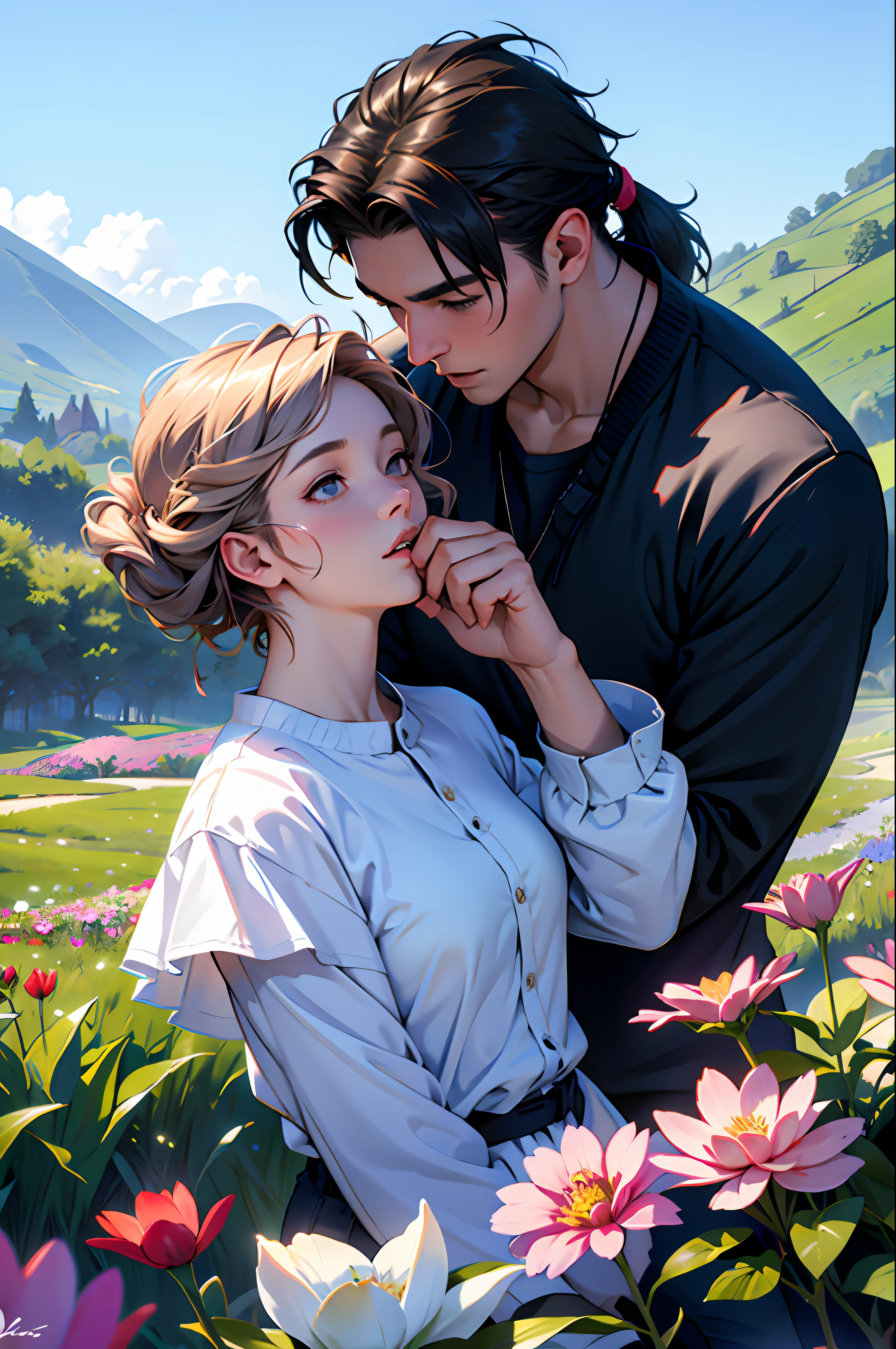 A boy and a girl, (lovers), on a hill full of flowers, under the blue sky, masterpiece, 8k, high resolution, popular on art station, ultra details, hyper realistic, professional lighting