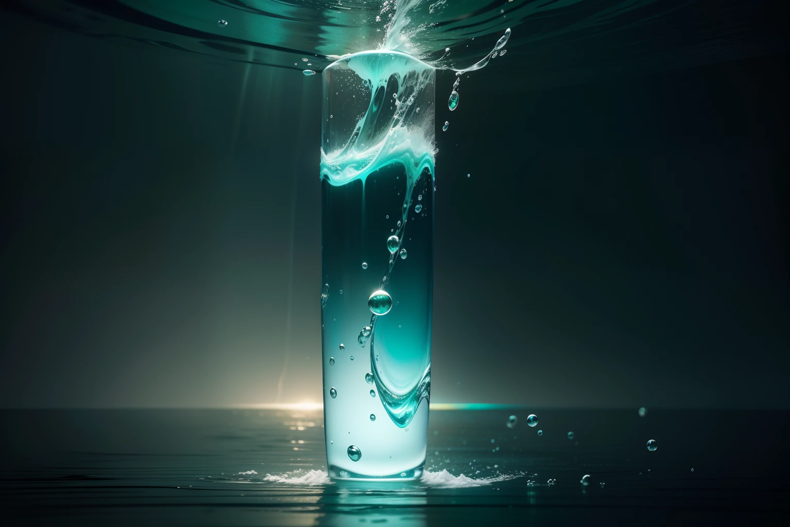 Masterpiece, top quality, best quality, official art, beautiful and beautiful: 1.2),, no human, on the water, surrounded by a large amount of water spray, bubbles, minimalist design, product photography, pure green gradient background, liquid, water spray, Octane rating rendering, Harsh contrast, Back lighting, Studio light::1, Glass, Fluid, The low-purity tone