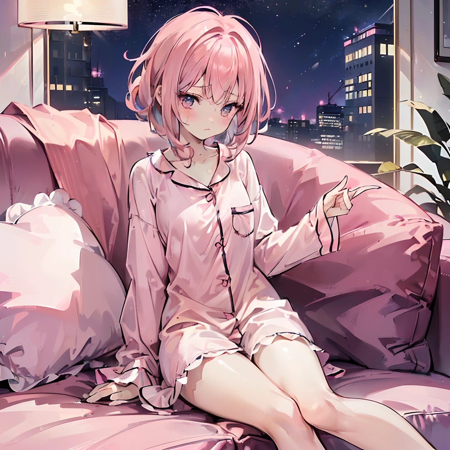 (((1 little girl)),ray tracing,(dim lighting),[detailed background (living room, night time)),((pink hair)),((pink hair)),(Fluffy short pink hair, slim small girl))) pink eyes))) ((((Girl wears a cute pink pajamas), showing a delicate slim and small figure and graceful curves, correct fingers, sitting on the sofa, blush, annoyed face, looking at viewer