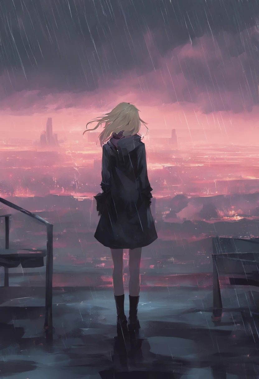 Sad girl,cry,darkness,Rain sky,。.。.。.。.。.。.。.。.。.。.。.。.。.。.。.3D,Upscale,hard disk,Blonde short,is crying,with his back turned