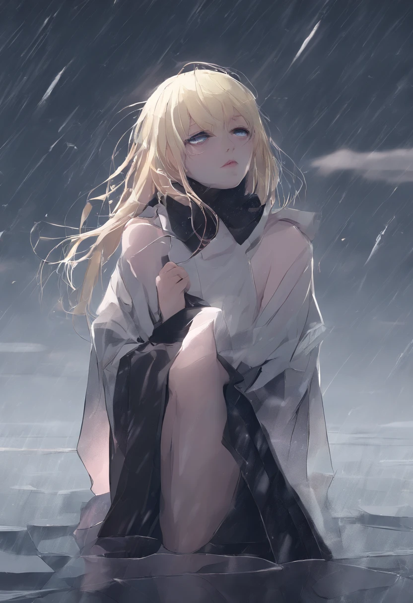 Sad girl,cry,darkness,Rain sky,。.。.。.。.。.。.。.。.。.。.。.。.。.。.。.3D,Upscale,hard disk,Blonde short,is crying,with his back turned