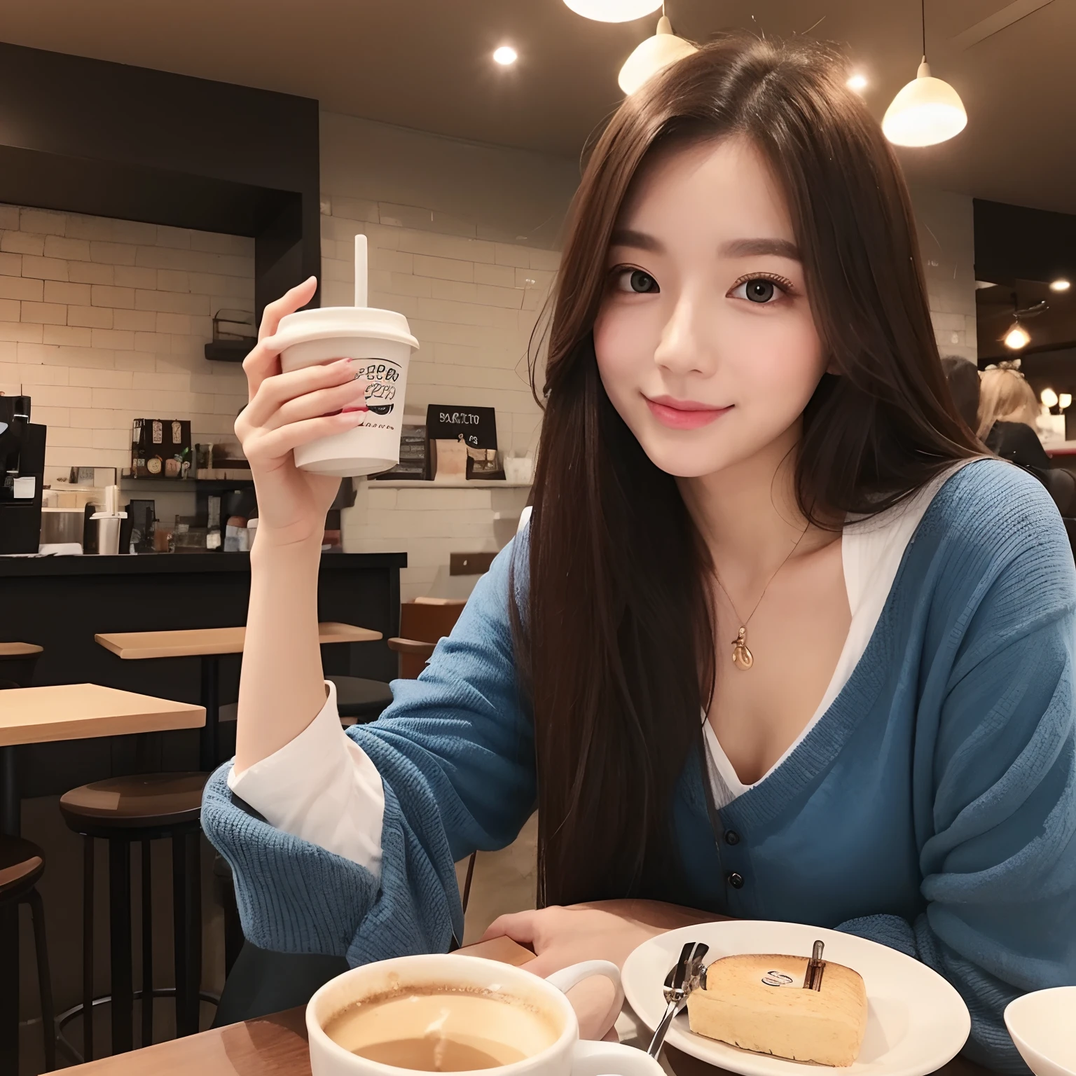 a beauty girl、cafes、drinking a cup of coffee