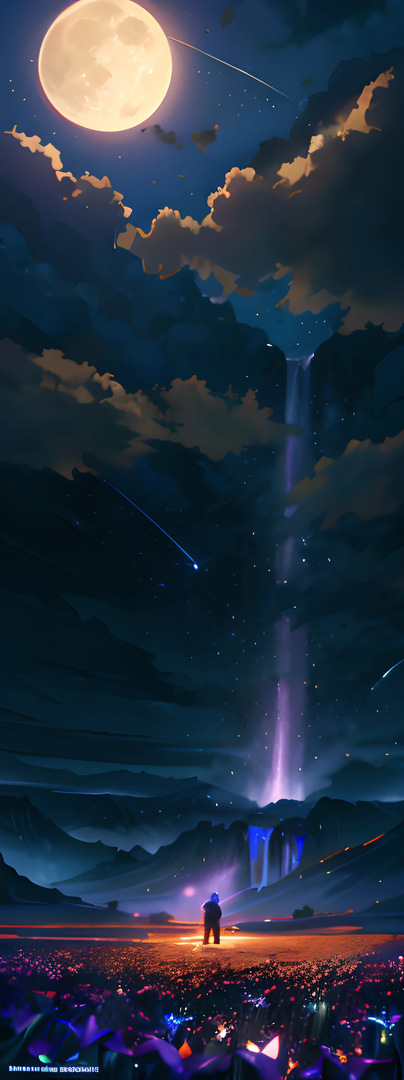 expansive landscape photograph , (a view from below that shows sky above and open field below), a boy standing on flower field looking up, (full moon:1.2), ( shooting stars:0.9), (nebula:1.3), distant mountain, tree BREAK
production art, (warm light source:1.2), (Firefly:1.2), lamp, lot of purple and orange, intricate details, volumetric lighting, realism BREAK
(masterpiece:1.2), (best quality), 4k, ultra-detailed, (dynamic composition:1.4), highly detailed, colorful details,( iridescent colors:1.2), (glowing lighting, atmospheric lighting), dreamy, magical, (solo:1.2)