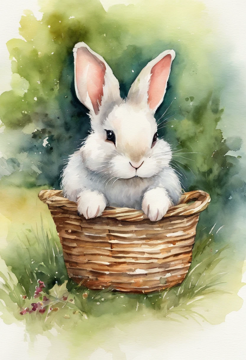 Image of a picture book、Cute Bunny、Far Angle、forested background、Holding a small empty basket、