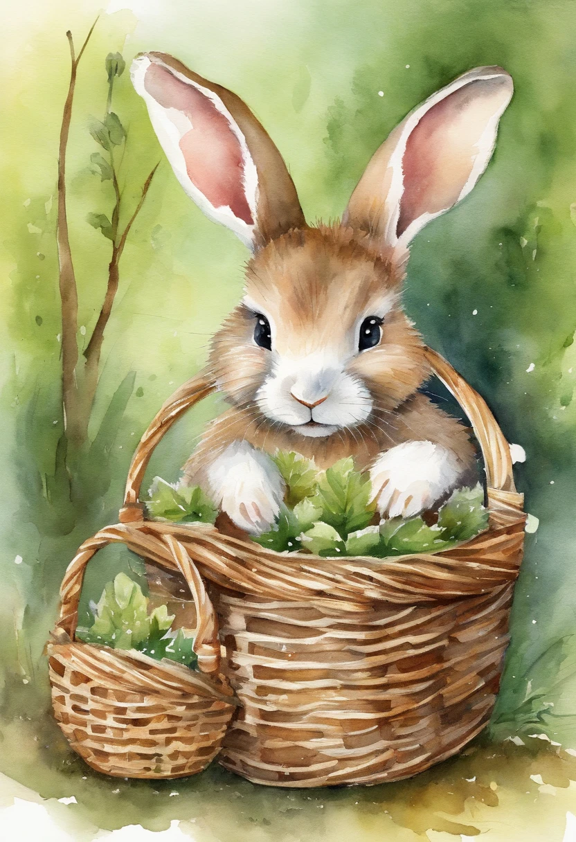 Image of a picture book、Cute Bunny、Far Angle、forested background、Holding a small empty basket、