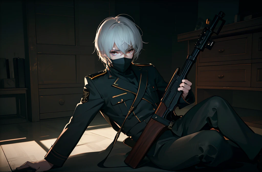 (best quality,4k,8k,highres,masterpiece:1.2),ultra-detailed,(realistic,photorealistic,photo-realistic:1.37),one boy with white hair,wears a mask covering his mouth,wearing a military outfit,laying down with a rifle aimed in,detailed facial expression,serious look,carefully crafted rifle,accurate military uniform,subtle shadows,soft natural lighting,vivid colors,mystery,contrast,texture,gritty,grunge,moody atmosphere,dark tones,haunting,ominous,warrior vibe