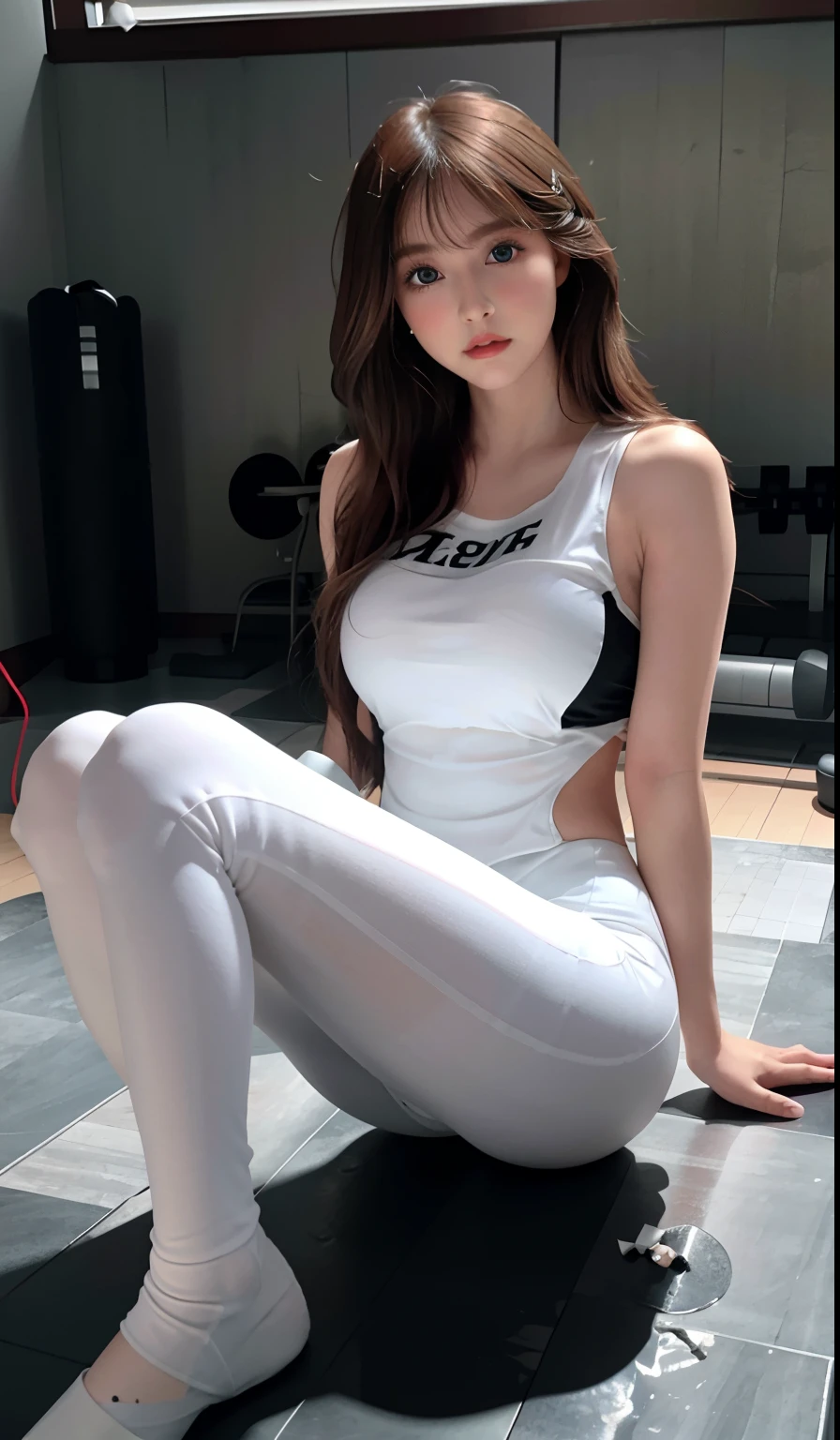 (8K,RAW photos,best qualtiy,tmasterpiece:1.2),(realisticlying,photograph realistic:1.37),1girll,((Delicate face,Delicate makeup,eyes with brightness,Charming eyes))profesional lighting,photon maping,Radio City,korean-doll,white leggings underneath,Wide open legs,gym room,big assa