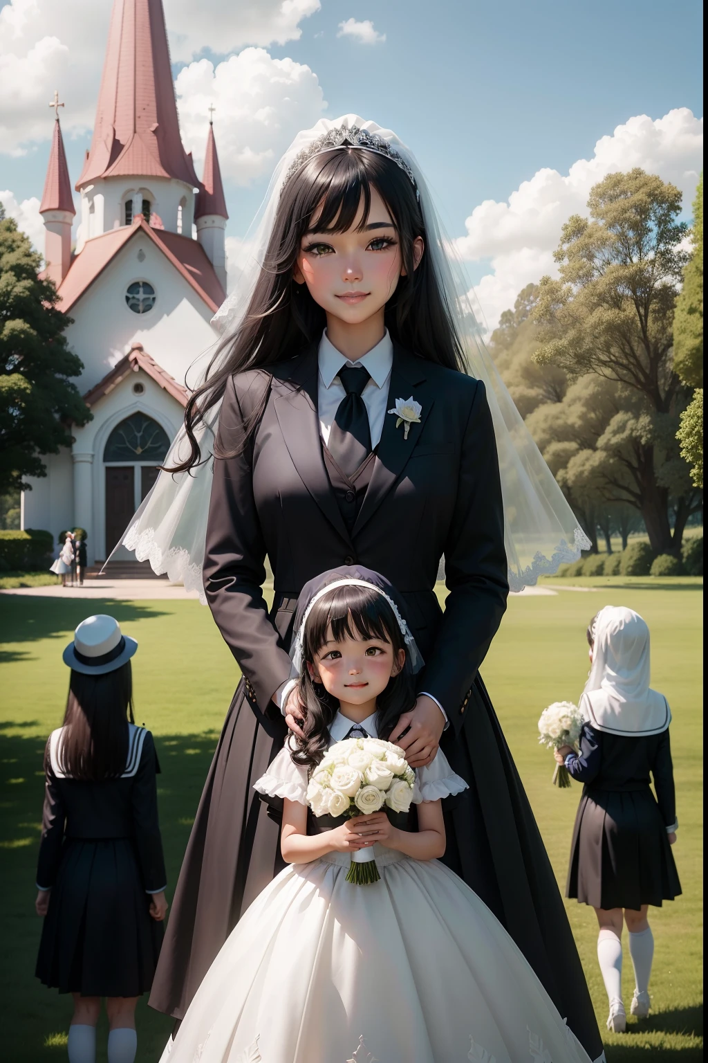 blue-sky，mier，schoolboy，schoolgirls，Hand in hand，white wedding gown， In black suit，hair black，Girls' veil，A smile full of love，Animate，In front of the pink church，grassy fields，ln the forest，the trees，Flowers，Cute animals，family，