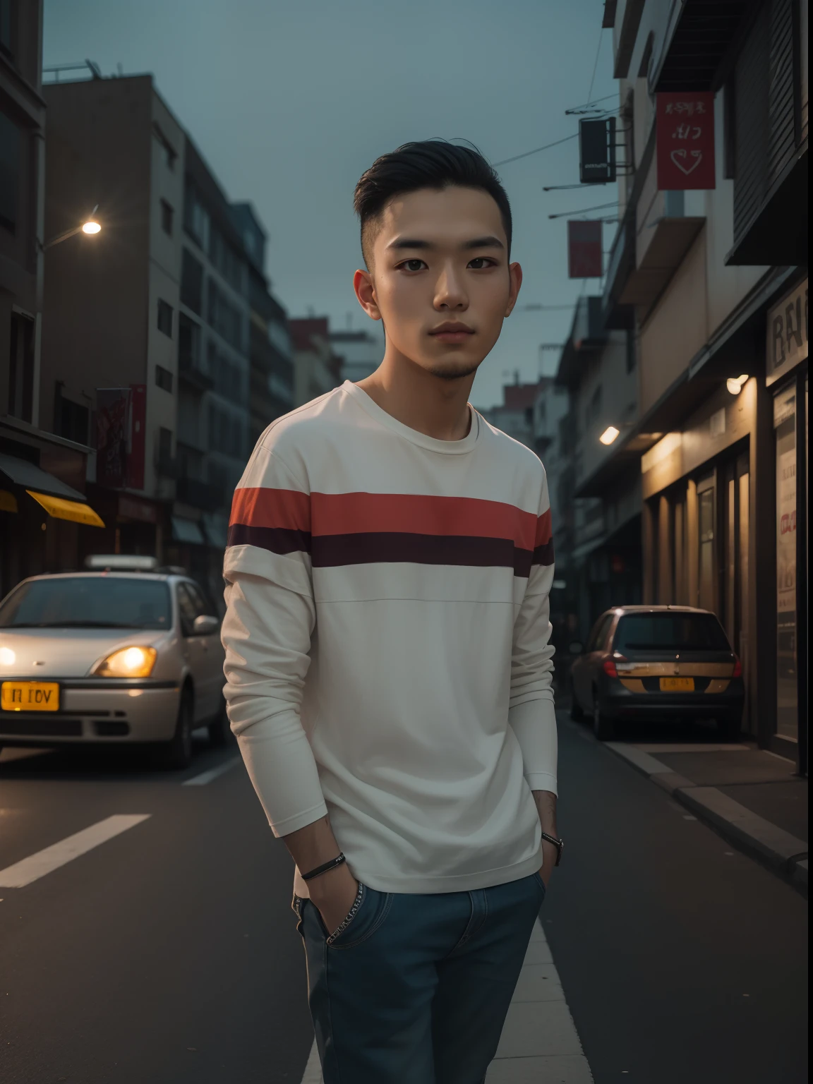 RAW photo, a portrait photo of 25 y.o man in casual clothes, night, city street, (high detailed skin:1.2), 8k uhd, dslr, soft lighting, high quality, film grain, Fujifilm XT3