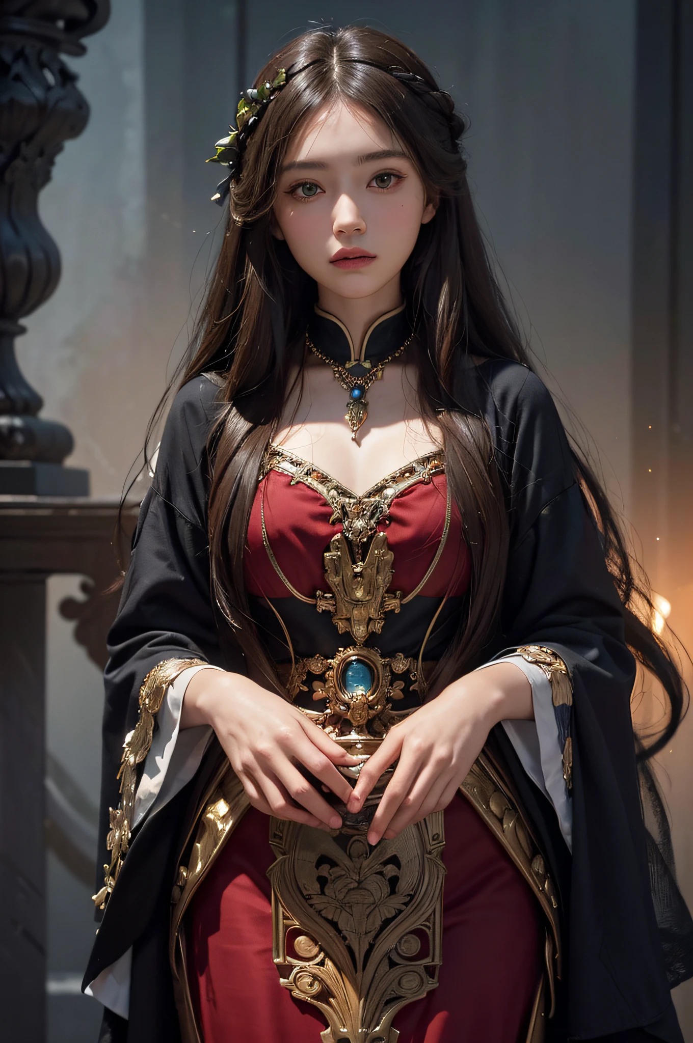 (Front focus),(in the darkness nigth:1.6),Surrealist portraits of women by David Hockney and Alphonse Mucha,Fantasyart,photographrealistic,动态照明,artstation,poster for,Volumetriclighting,Very detailed faces,4 k,Award-Awarded, 1girl, in the dark, deep shadow, low key, cowboy shot, (official clothes:1.4), long whitr hair, brunette color hair,Holding a red apple