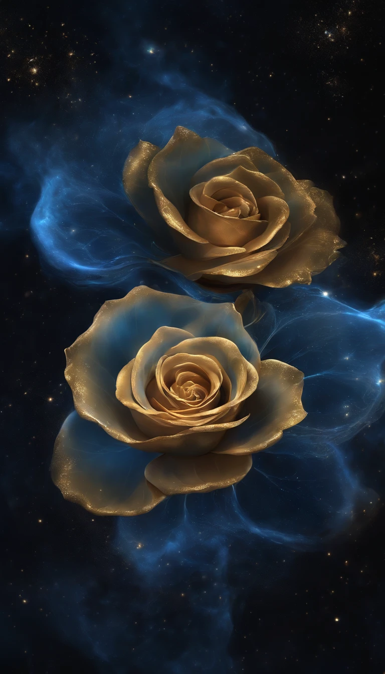 Nebula in the shape of a blue rose，Blue Milky Way，Hazy fog，beautiful cosmic neural network，golden glistening，Very Beautiful Digital Art, 4k highly detailed digital art, softly swirling magical energy，swirls of magic，DreamlikeArt, intricate ornate anime cgi style