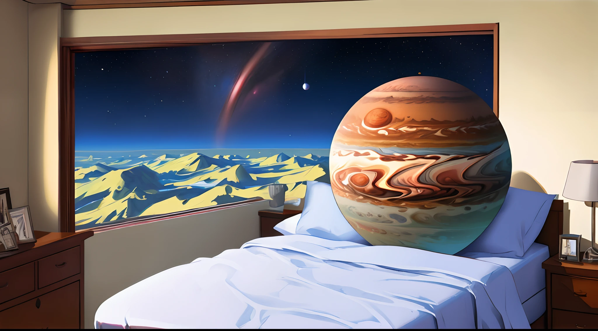 Jupiter planet on top of bed (8k)