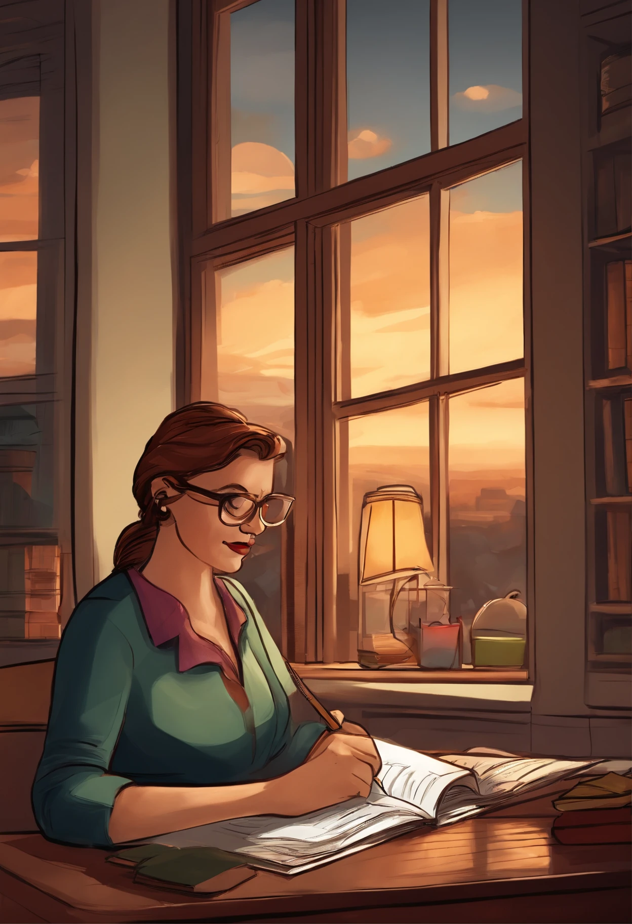 Teacher marking homework in front of the window，nigth，cartoony