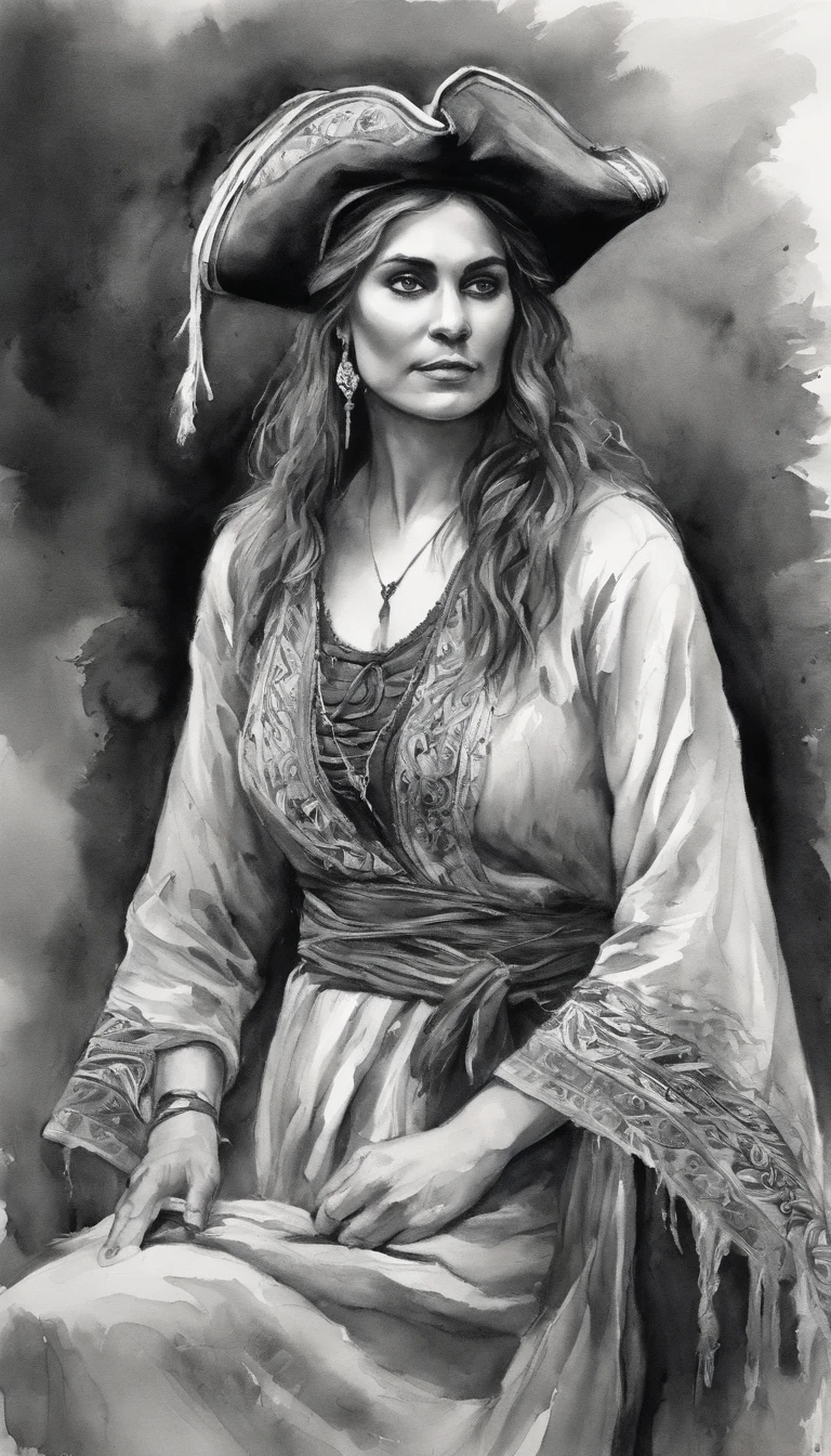 Black and white art A gypsy wears a typical black pirate robe,Beautiful scenery without hats, great depth of field, number art, tmasterpiece, Ultra HD quality". roleplaying, monochromatic