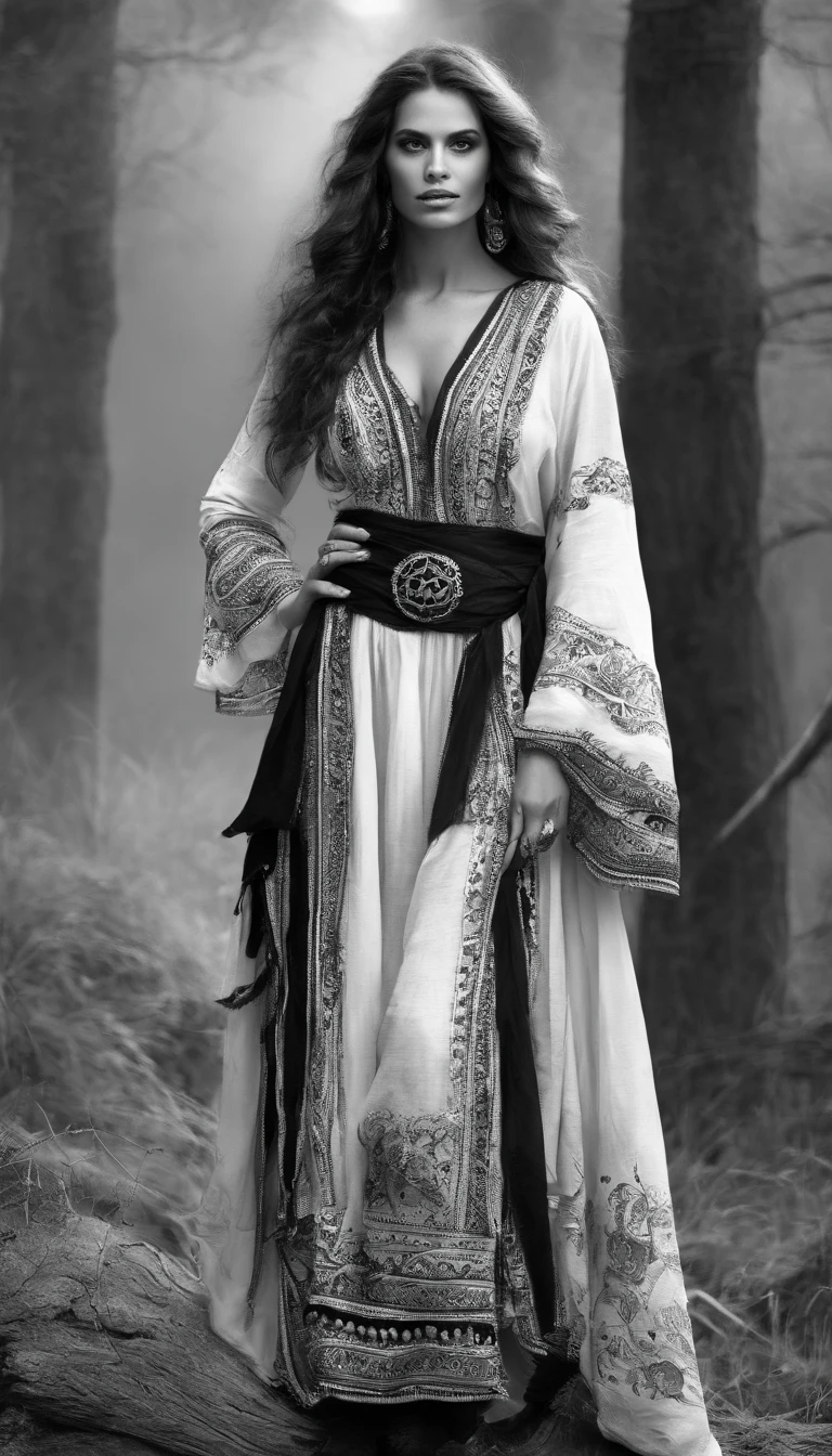 Black and white art A gypsy wears a typical black pirate robe,Beautiful scenery without hats, great depth of field, number art, tmasterpiece, Ultra HD quality". roleplaying, monochromatic