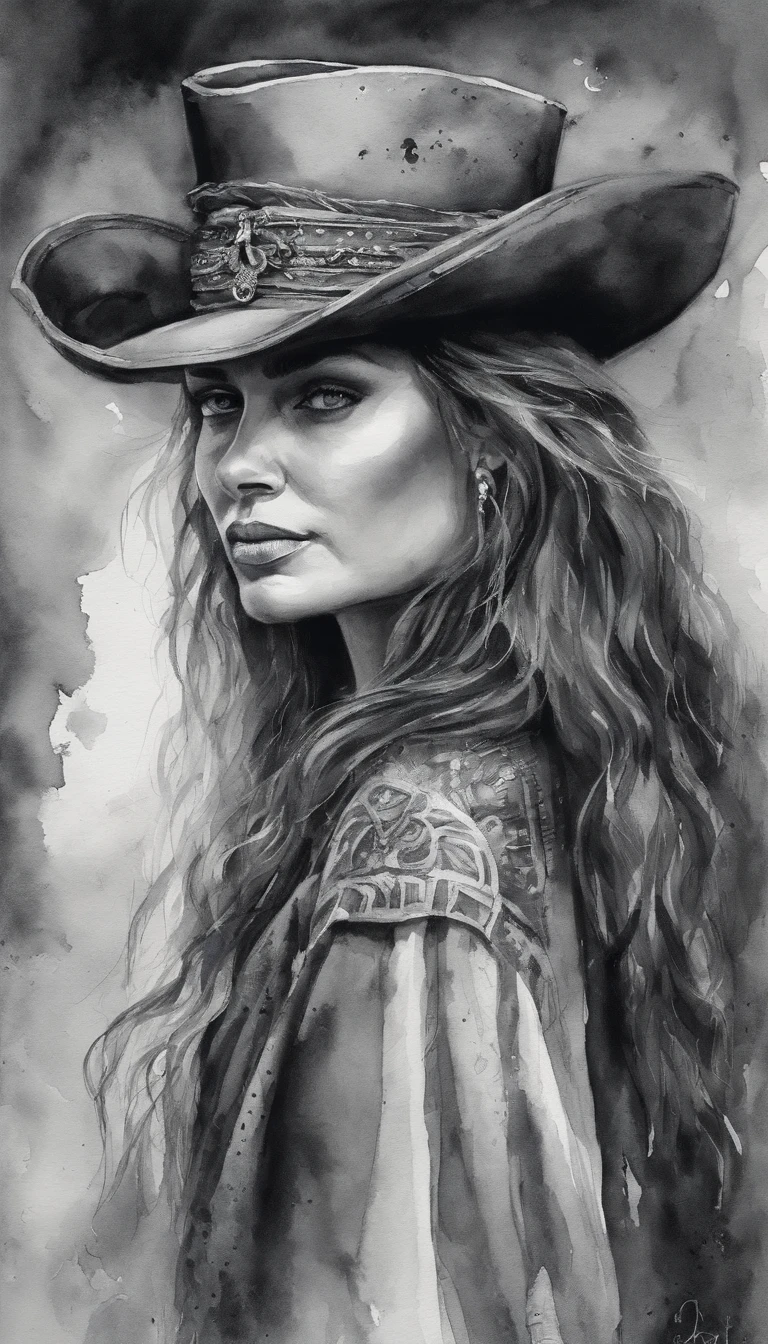 Black and white art A gypsy wears a typical black pirate robe,Beautiful scenery without hats, great depth of field, number art, tmasterpiece, Ultra HD quality". roleplaying, monochromatic