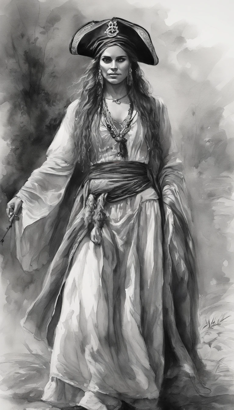 Black and white art A gypsy wears a typical black pirate robe，Beautiful scenery without hats, great depth of field, number art, tmasterpiece, Ultra HD quality". roleplaying, monochromatic