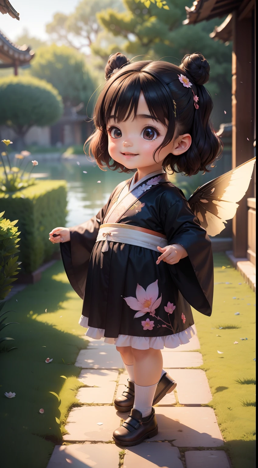 A chubby 3 year old Chinese girl chases 2 butterflies，Movie Angle,( cute female child,Anatomically correct,full bodyesbian,Representative works Hanfu,Smile),(illustration,a 3D render),(Extremely colorful, Best quality, high detal, Masterpiece, Cinematic lighting, 4K, Chiaroscuro)，blue-sky，baiyun，green floor，Ancient wind，Kizi，delicated，Bun head，Wings，Extreme light and shadow，Hanfu，palaces，Light，8k wallpaper，Master painting，petals，lakes，grin，Black eyes