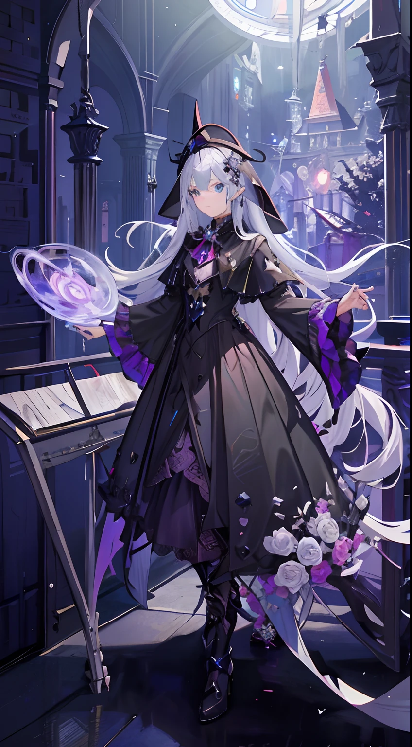 Anime girl with fan in black dress and hat, alchemist girl, From Arknights, astral witch clothes, fashionable dark witch, gothic maiden anime girl, full portrait of elementalist, arcane art style, dark witch character, from girls frontline, official character art, Kushatt Krenz Key Art Women, flirty anime witch casting magic