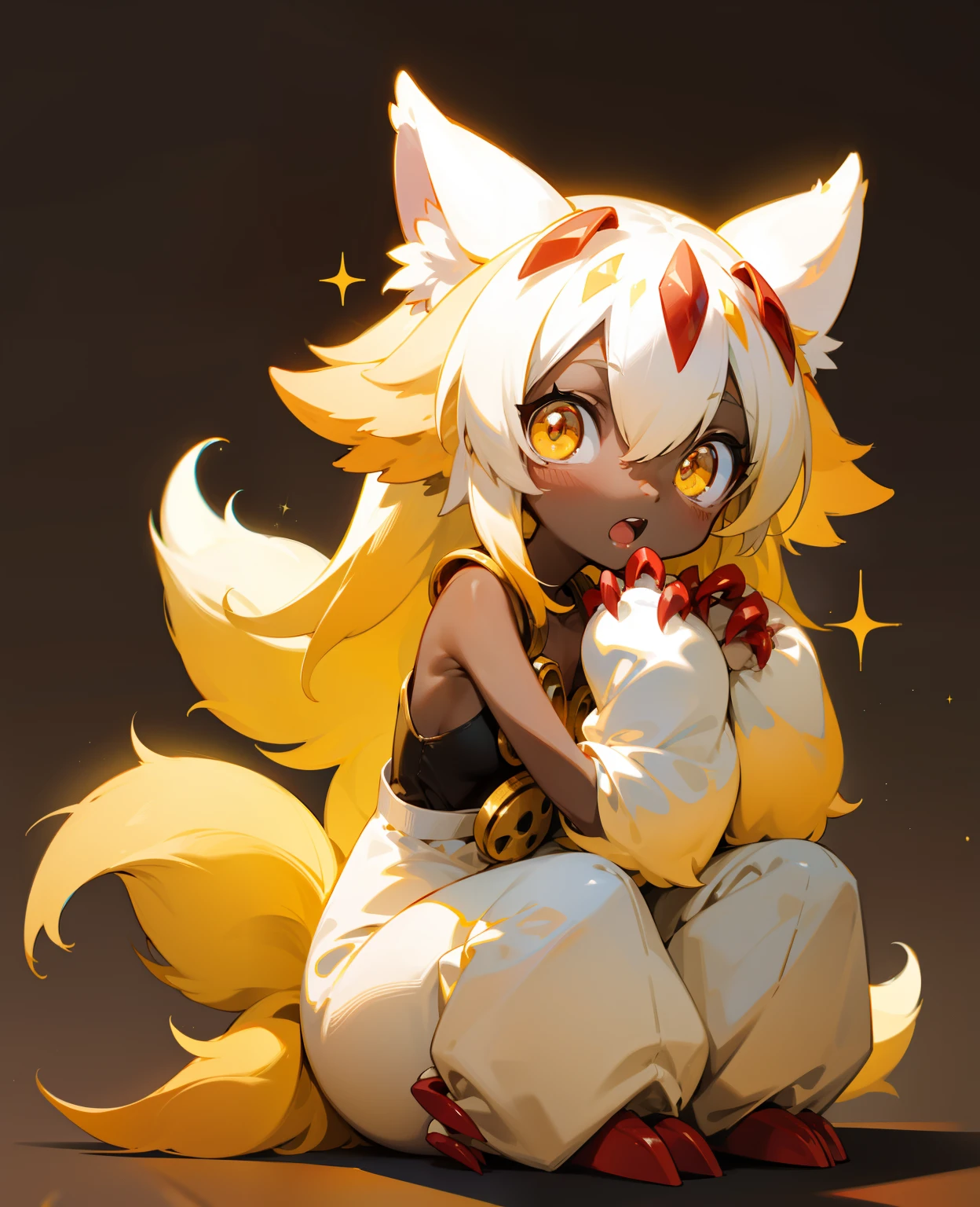 faputa looking at viewer, open mouth, simple background, sitting, full body, 4arms, chibi, sitting like a dog, hands up, upper arms on face,v arms, fapuclaws, fapuknees, fapuhooves, lower arms together, faputail, yellow eyes, fapugoggles around neck, gradient background, sparkle, brown background, outline, hand to own mouth, white outline, digital illustration