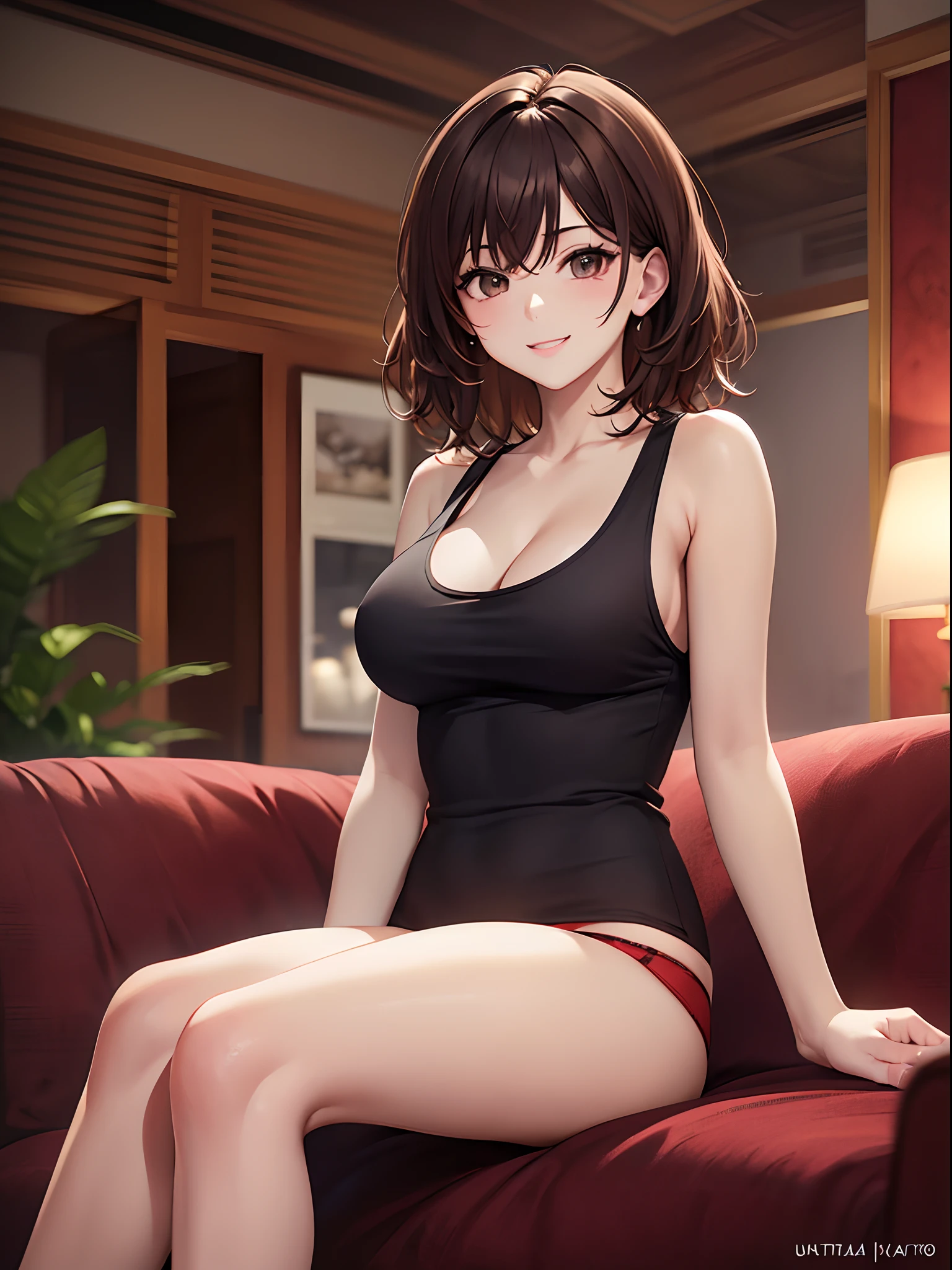 (top-quality: 1.3)、(masterpiece: 1.3)、(The ultra-detailliert: 1.3)、(wall-paper, one girls)、(Black tank top:1.3)、(Raw feet:1.3)、(Red panties:1.3)、(Brown hair:1.3)、Medium Hair、short-hair、(Beautiful Large Breasts:1.3)、Luxurious living room、Luxurious 3-seat sofa、sitting on、A big smile、sexypose