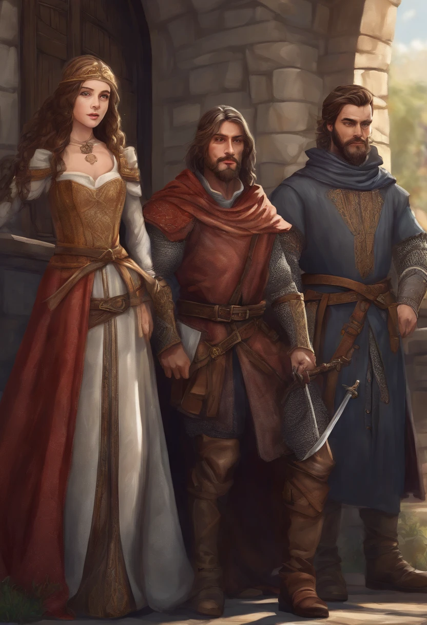 Extremely detailed poster image of four characters, dois homens e duas mulheres;, ((estilo medieval, Classe de personagem RPG)), 8k UHD, Fotografia RAW, pintura digital, ultra detalhado, proportion Aurea