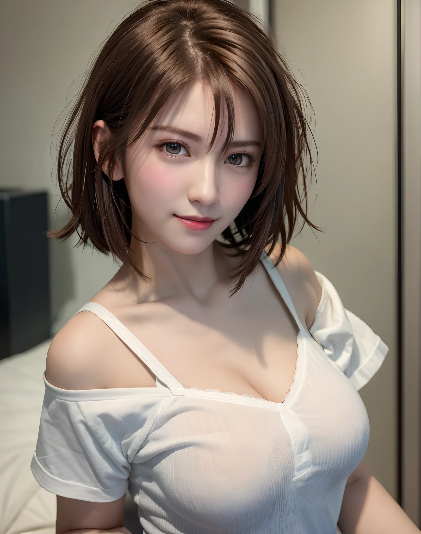 Top quality, ultra high resolution, (photorealistic: 1.4), beautiful eyes, super beautiful, short hair, beautiful breasts, lover, t-shirt with rough chest, eyes inviting viewer, lover's eyes, inviting facial expressions, sexy smile, perfect style, perfect balance, detailed skin, naughty eyes, chest visible