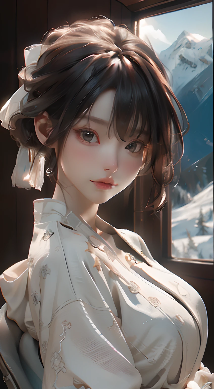 best qualtiy)), (the detail:1.4), 3D, HDR（HighDynamicRange）,Ray traching,NVIDIA RTX,Super-Resolution,Unreal 5,Subsurface scattering、PBR Texture、post-proces、Anisotropy Filtering、depth of fields、maximum definition and sharpness、Many-Layer Textures、Albedo e mapas Speculares、Surface Coloring、Accurate simulation of light-material interactions、perfectly proportions、Octane Render、Two-colored light、largeaperture、Low ISO、White balance、the rule of thirds、8K RAW、Mountains at sunset，a pretty girl。perfect bodies。