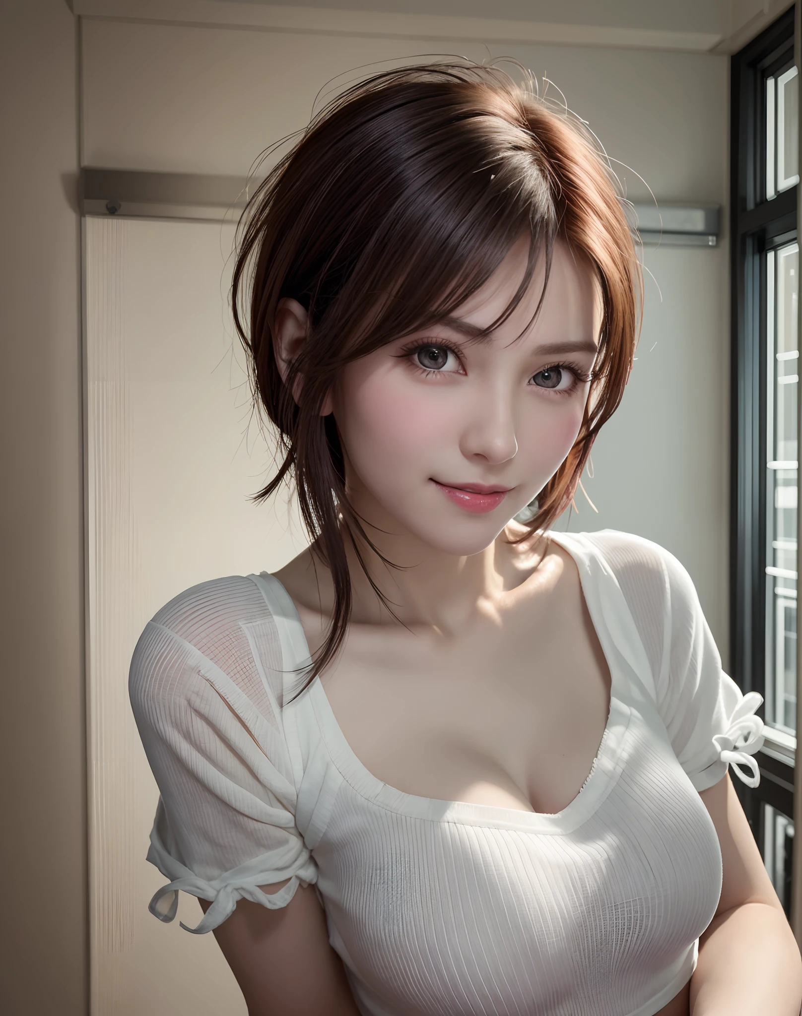 Top quality, ultra high resolution, (photorealistic: 1.4), beautiful eyes, super beautiful, short hair, beautiful breasts, lover, t-shirt with rough chest, eyes inviting viewer, lover's eyes, inviting facial expressions, sexy smile, perfect style, perfect balance, detailed skin, naughty eyes, chest visible