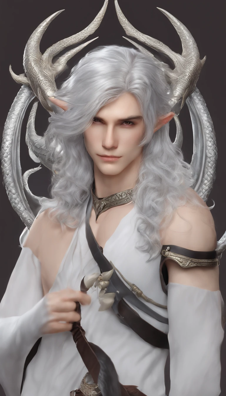dragon horns, silver hair, bored, character chart, cut-in, anatomically correct, highres, high details，male people