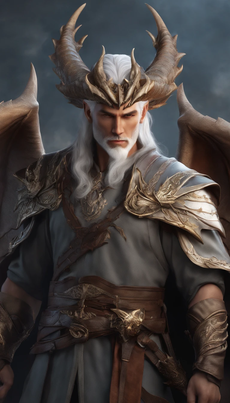 dragon horns, silver hair, bored, character chart, cut-in, anatomically correct, highres, high details，male people