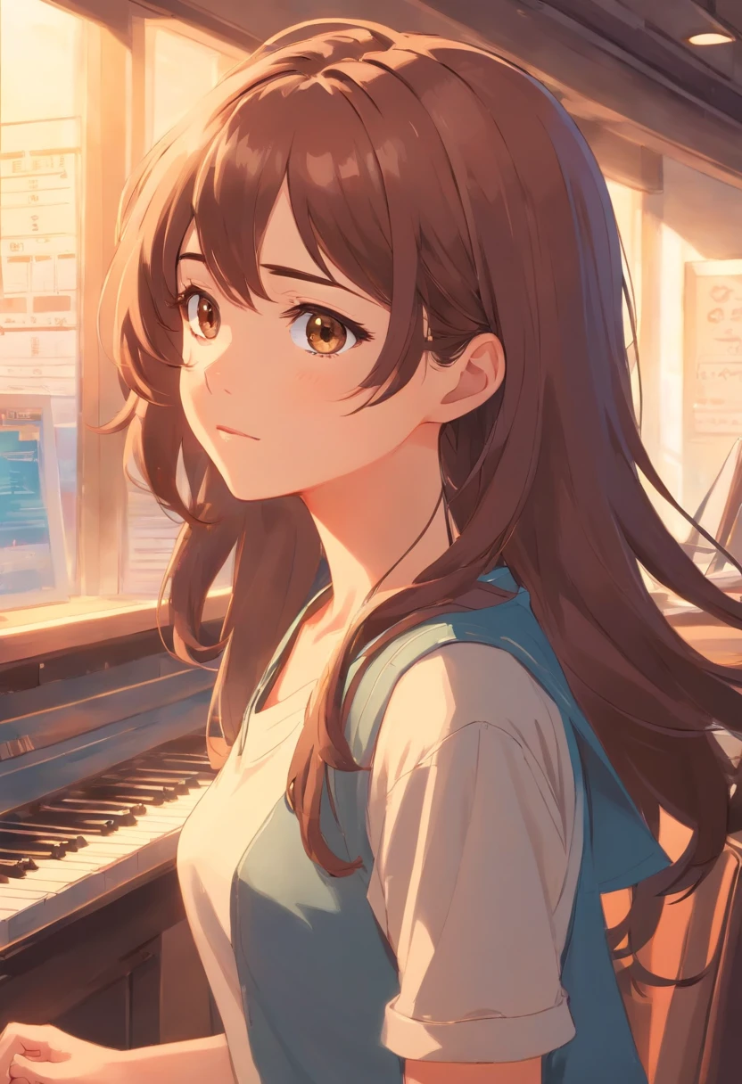 masterpiece, best quality, movie still, 1girl, solo, brown hair, long hair, curly hair, hazel eyes, caucasian, decent bust, cute