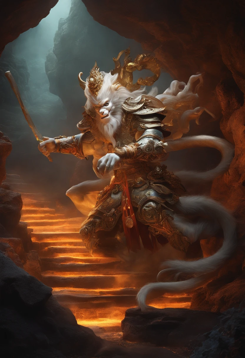 In a gloomy cave，The Mechanical Monkey King and the Horror、Ghostly white bone spirit fighting。
