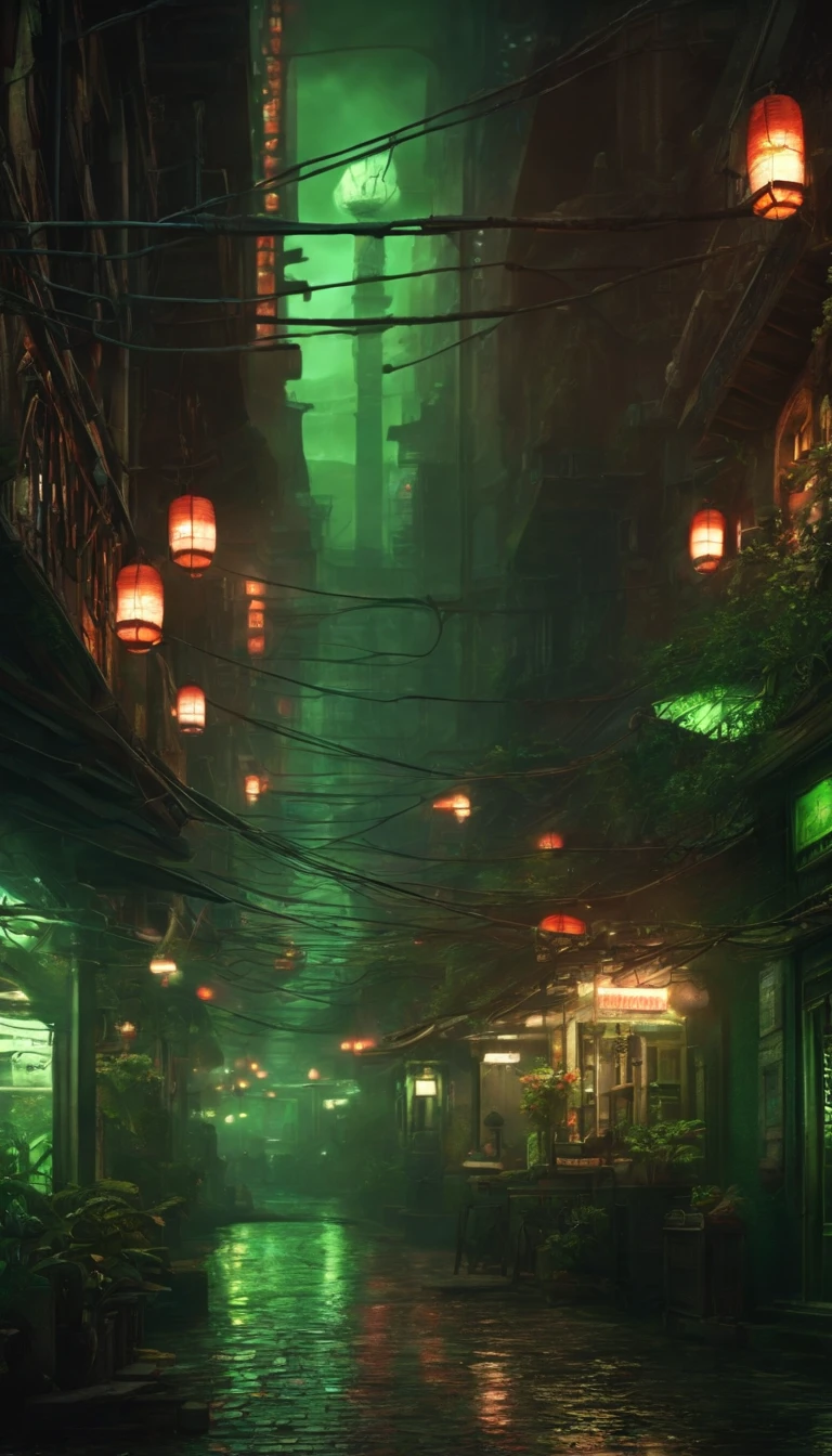 Cyberpunk city from sci-fi movie, night, shrouded in green smoke, bridge, old shop, Strange Tales from a Chinese Studio, red lanterns, ghosts roaming the streets, irregular, circuit boards, wires, intricate, super detailed, realistic, hyper Realistic, High Quality, Best, Super Detail, Crazy Detail, Very Detailed, Photorealistic, Epic Composition, Best Quality, 32k --v 6