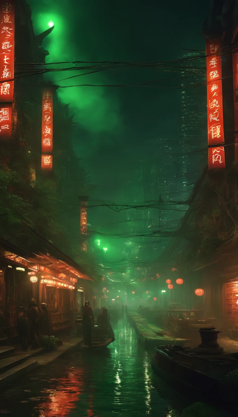 Cyberpunk city from sci-fi movie, night, shrouded in green smoke, bridge, old shop, Strange Tales from a Chinese Studio, red lanterns, ghosts roaming the streets, irregular, circuit boards, wires, intricate, super detailed, realistic, hyper Realistic, High Quality, Best, Super Detail, Crazy Detail, Very Detailed, Photorealistic, Epic Composition, Best Quality, 32k --v 6