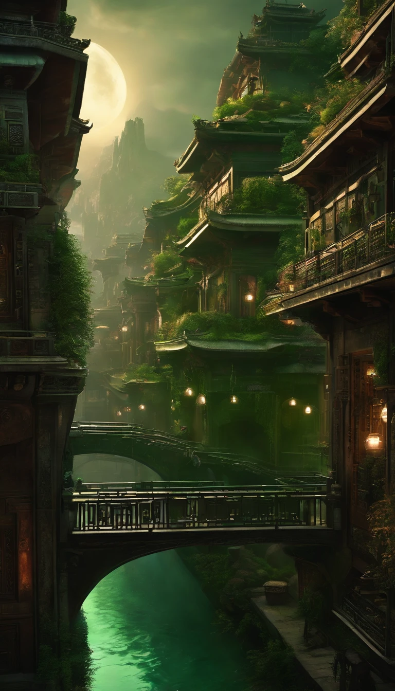 Cyberpunk city from sci-fi movie, night, shrouded in green smoke, bridge, old shop, Strange Tales from a Chinese Studio, red lanterns, ghosts roaming the streets, irregular, circuit boards, wires, intricate, super detailed, realistic, hyper Realistic, High Quality, Best, Super Detail, Crazy Detail, Very Detailed, Photorealistic, Epic Composition, Best Quality, 32k --v 6