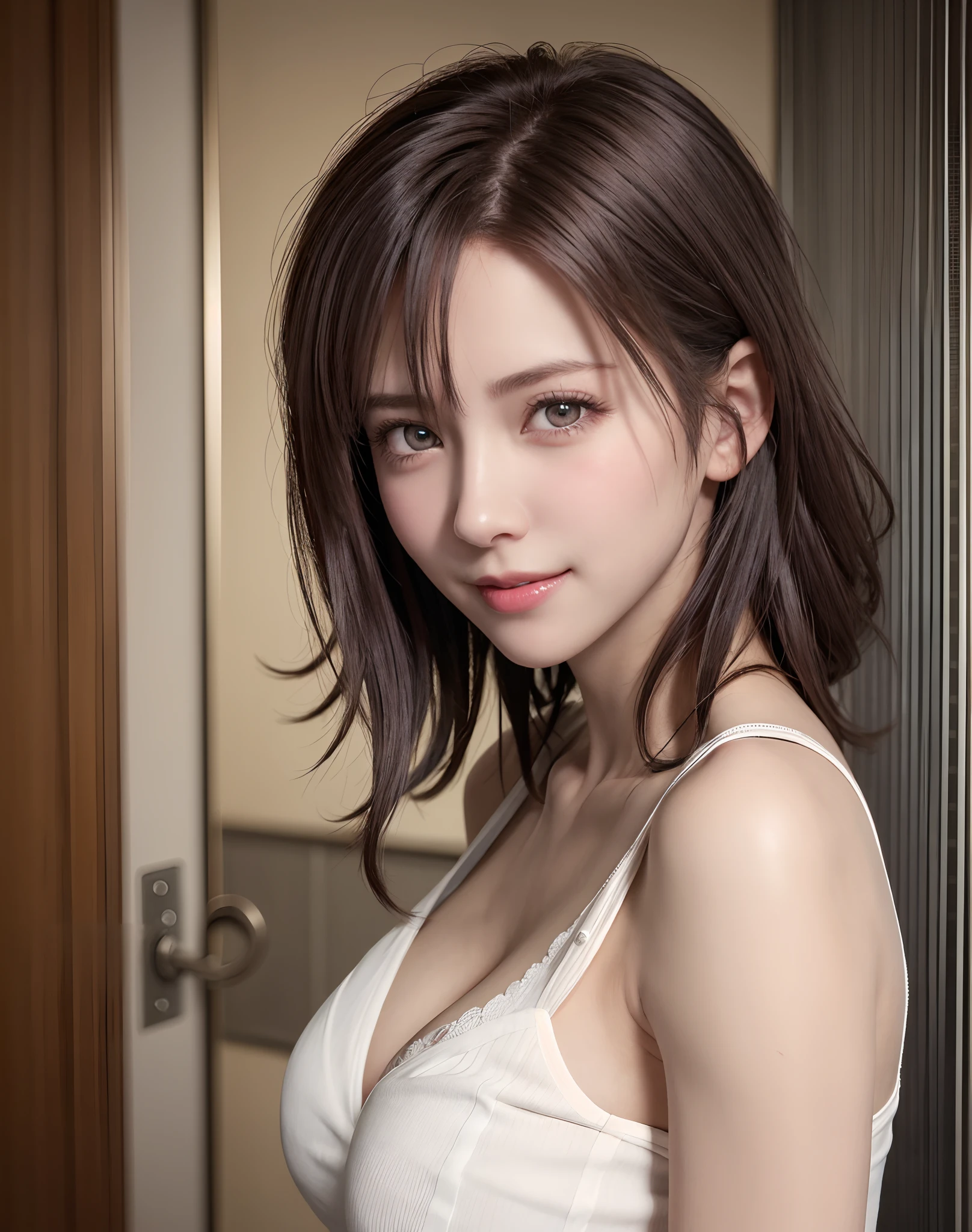 Top quality, ultra high resolution, (photorealistic: 1.4), beautiful eyes, super beautiful, short hair, beautiful breasts, lover, t-shirt with rough chest, eyes inviting viewer, lover's eyes, inviting facial expressions, sexy smile, perfect style, perfect balance, detailed skin, naughty eyes, chest visible