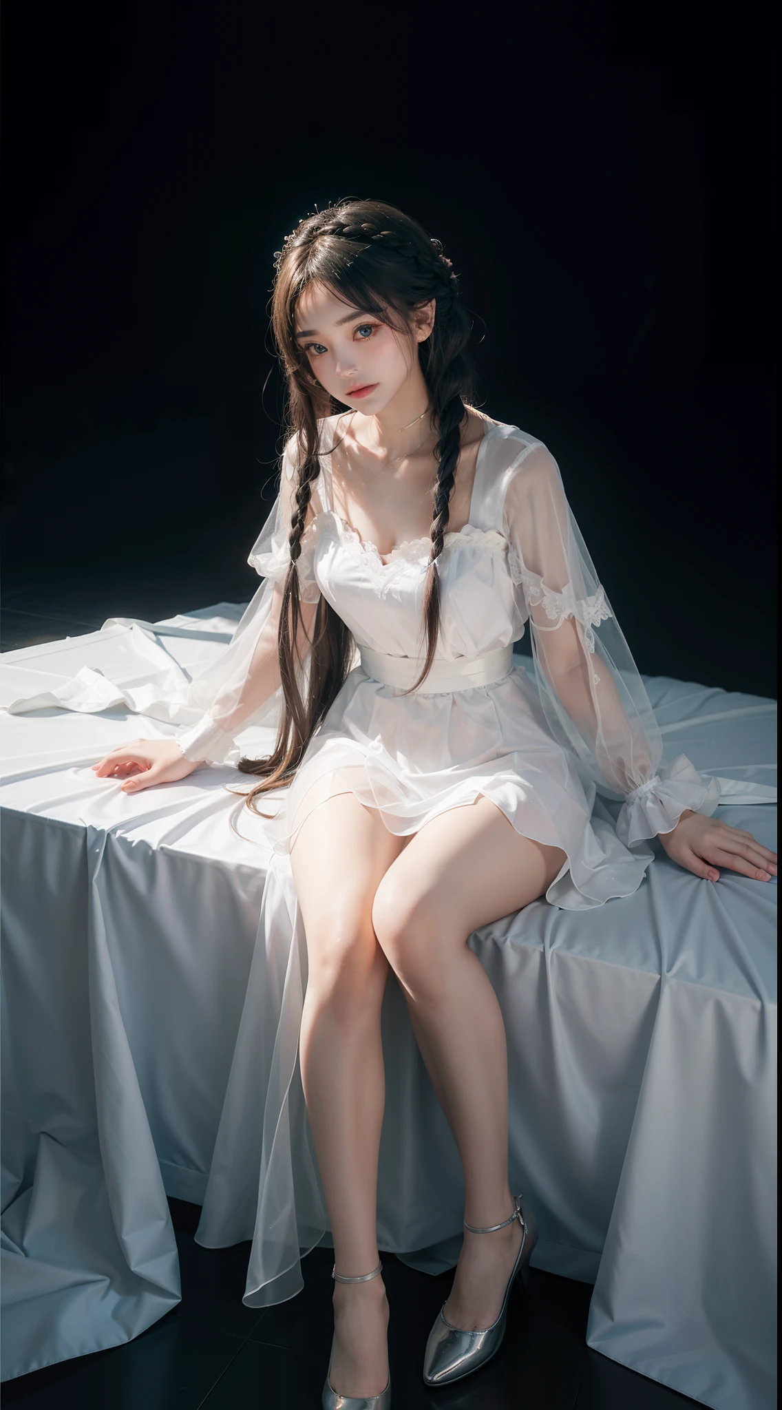 highest quality、masterpiece、(realistic:1.2), (((3-year-old, , Very cute and baby-like face)))、super long snow white straight hair、bangs between the eyes、white skin、glowing skin、 puff sleeve princess dress、cottage core、 frontage、detailed face、so beautiful、Sparkling vivid Violet eyes、(bright look:1.1)、 Winter Vivid and sharp focus、ball deep, (((flat chest))), (leaning forward:1.8),looking at the viewer,throw,look down,(hands on table:1.1),