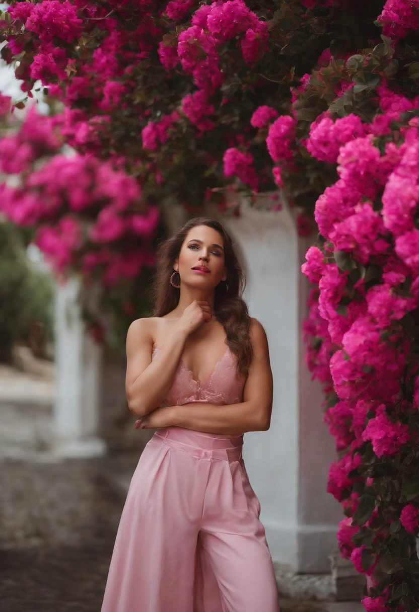 (Highly detailed body, higly detailed face, bestquality: 1.2) , Girl 23, looking at the audience, (pink underwear, Jeans), (Pink bougainvillea mess in the background:1.4),mannequin mannequins,Small breasts,lifelike,Virtual Reality,Glasses Girl