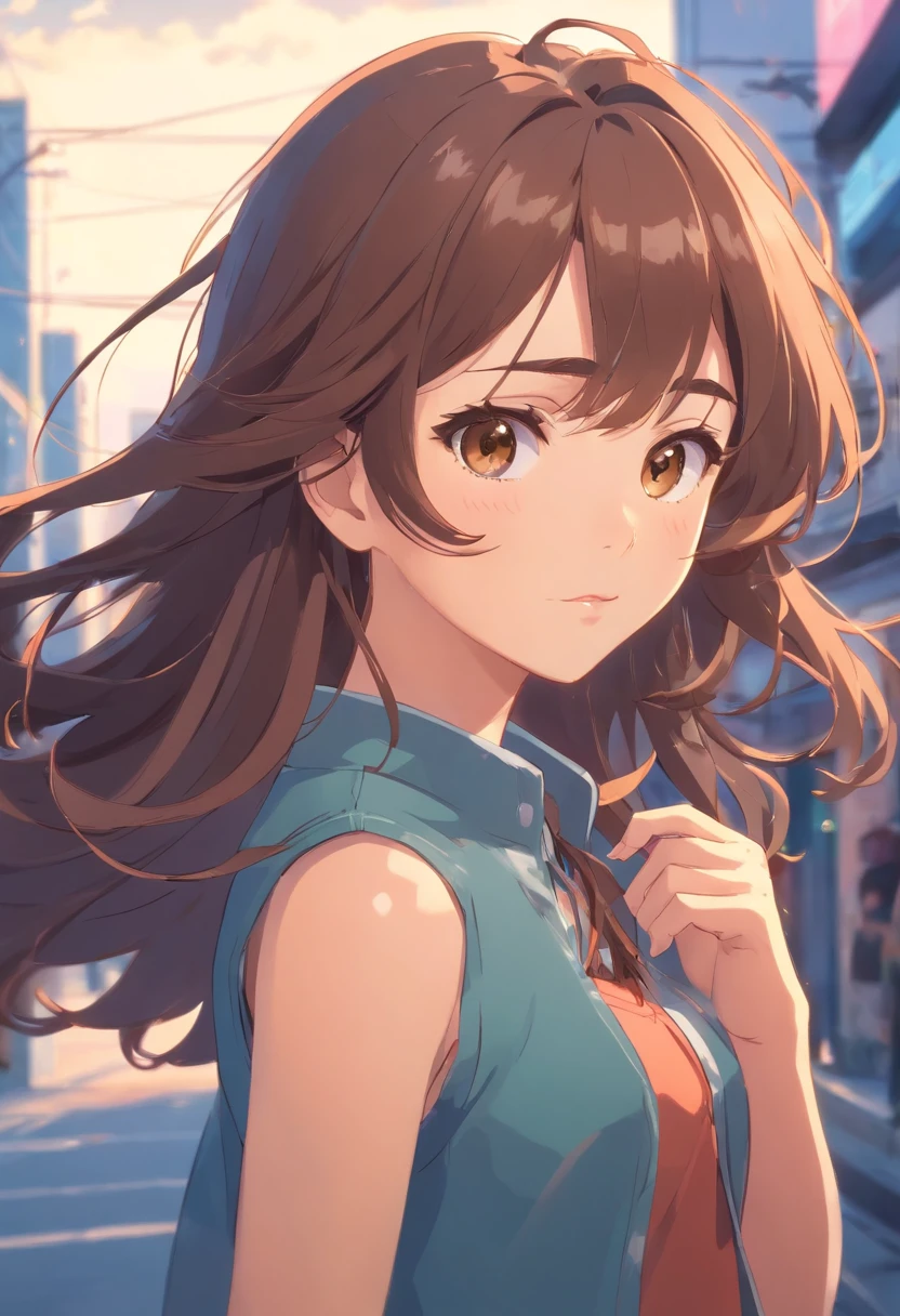 masterpiece, best quality, movie still, 1girl, solo, brown hair, long hair, curly hair, hazel eyes, caucasian, decent bust, cute, full body
